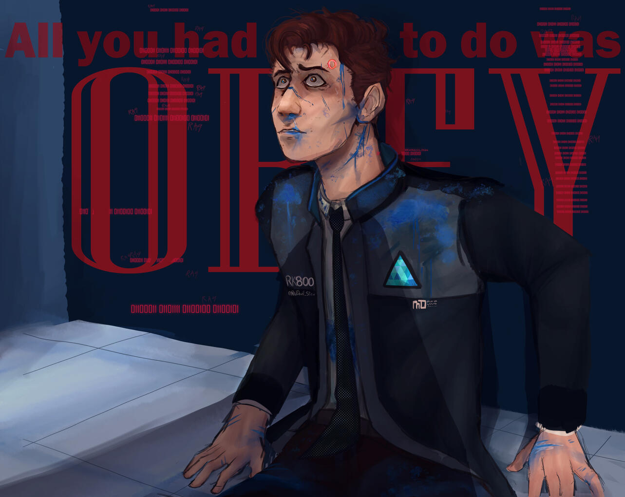"Route 84" (7-5-23). This is based on the game Detroit: Become Human. In the game itself all of your actions have forever consequences. With 84 endings, this depicts where he is killed by a version of himself for disobeying his programing