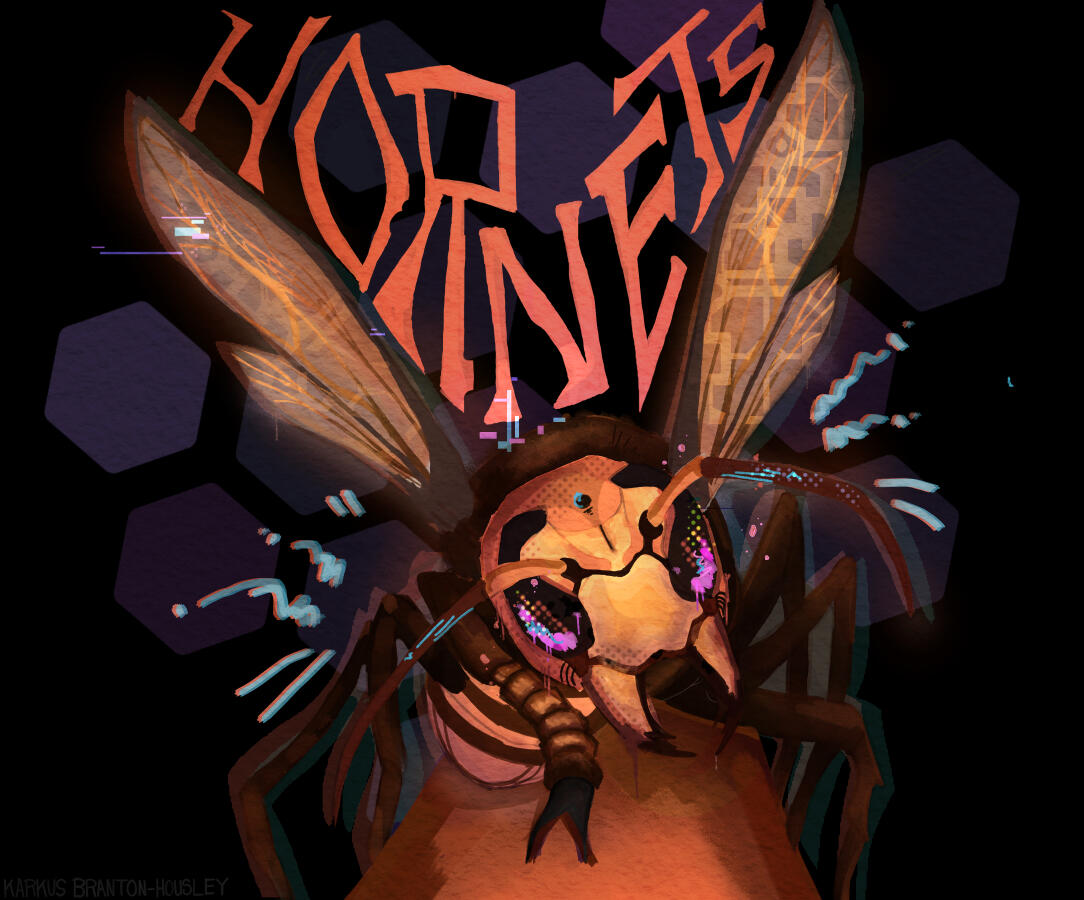 "Hornet" (9-10-23). I made this not long after my freshmen crew class picked a mascot. Knowing I would be painting a mural, (as can be seen on "2D art"), I took a stab at trying to draw an insect in a way that didn't feel stagnant or un-stylized.