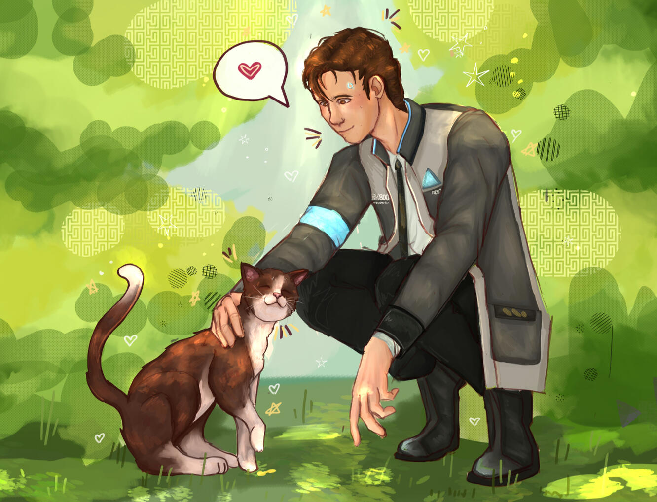 "Connor and Cat" (6-5-23). This is Connor from Detroit: Become Human. I just wanted to draw him being happy, as he is normally not doing so hot in the game. He likes animals, so I put him next with a cat.