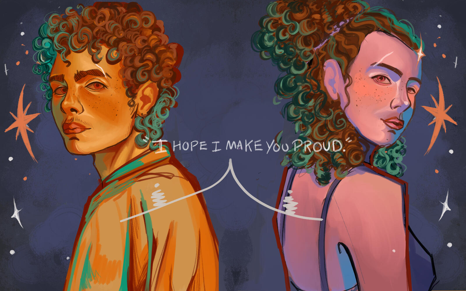 "Me and Her" (10/1/24) - The left represents who I am, and the right is who I envisioned myself growing up. I hope that in the alternate timeline I became her, that she would be proud of who I chose to be