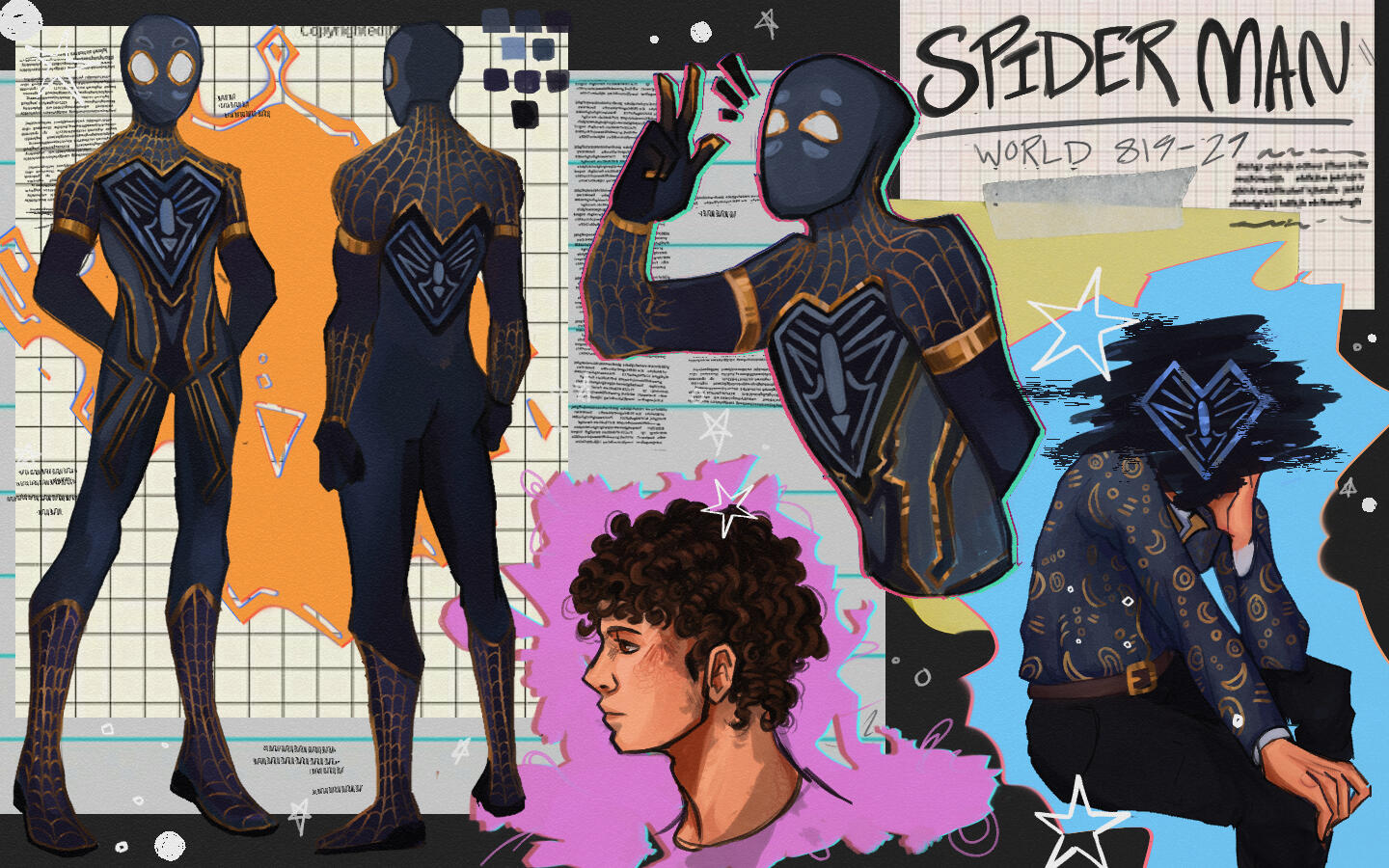 "Spider Man" (7-10-24). This was a personal project. Rewatching Spider-Man: Into/Across the Spider-Verse this summer, where there was a million different Spiderman, I thought it would be fun to design my own spiderman costume