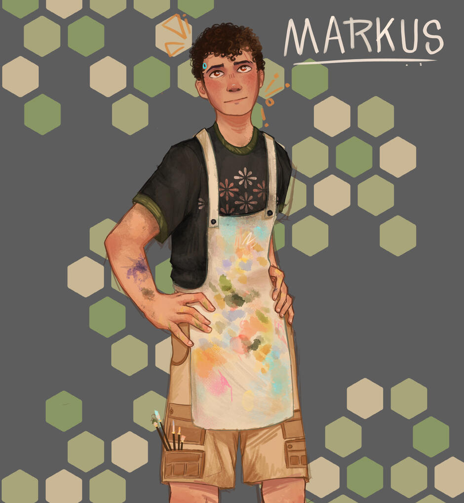 "Self Portrait" (8-13-23). This was a self portrait I made, mostly for the practice of learning to stylize faces from a reference photo, but I also forced me to appreciate myself and my features more :)