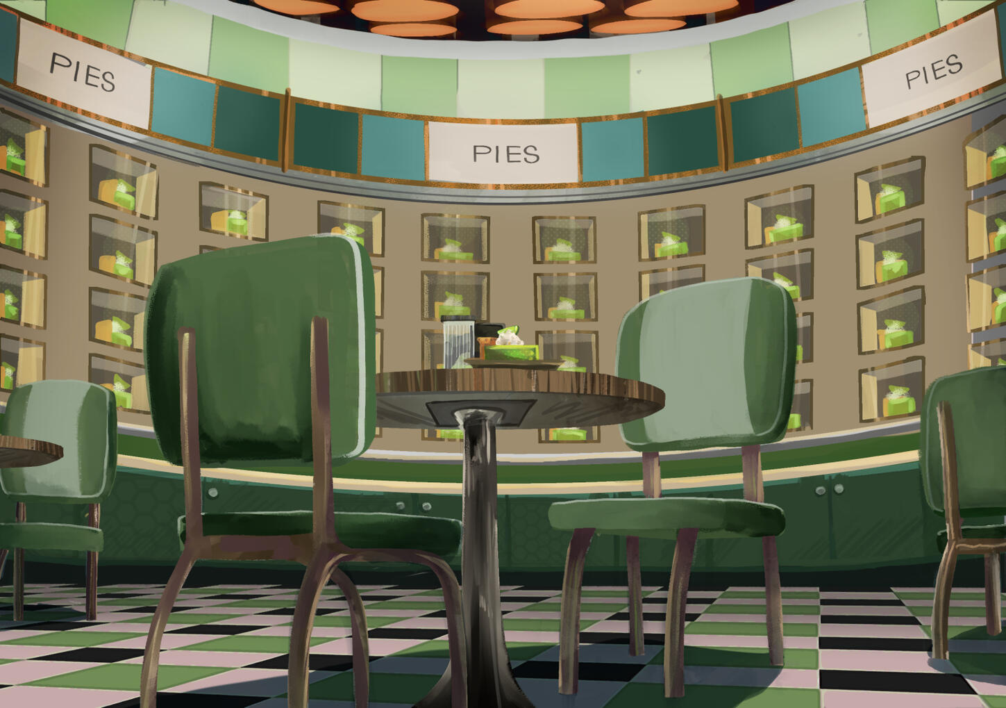 "Loki Pie Room" (12-29-24). I made this as a personal work, I enjoyed the architecture and the design of the TVA in the Loki show, taking after a lot of 50's kitchen interior design. I wanted to use it as a fun way to push myself in perspective drawing.